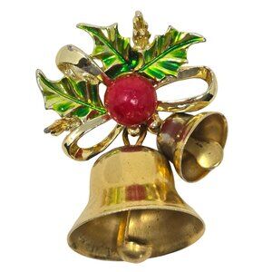Vintage Gerry’s Christmas Jingle Bells Brooch Holly Leaves Red Berry Pin